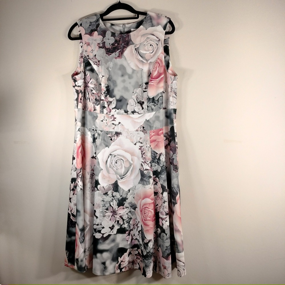 Calvin Klein Pink Floral Scuba Fit and Flare Dress Sleeveless 14W